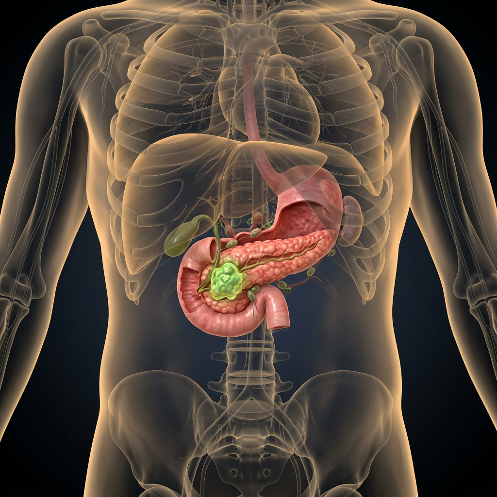 3D medical illustration of a pancreatic tumor in the pancreas located beneath the stomach